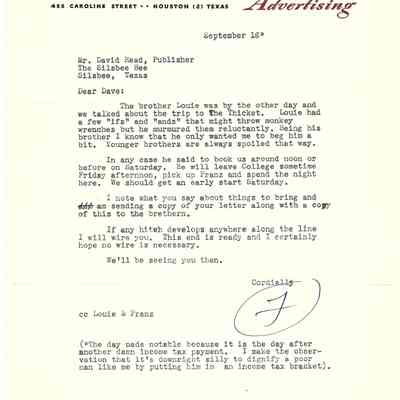 Letter to David Read from F of Franke-Wilkinson-Schiwetz & Tips September 16