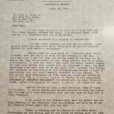 Letter to John H Kirby II (Jay) from John Henry Kirby dated March 26, 1934