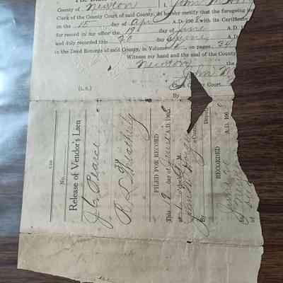Release of Vendor's Lien - damaged - dated June 19, 1908 from JG Pearce to RL Weathersby
