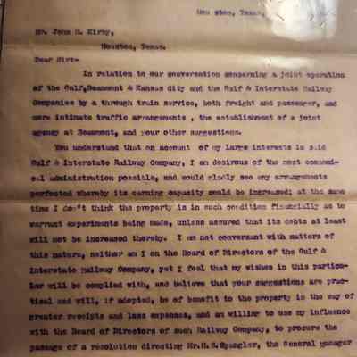 Letter to John H Kirby from Unknown Person dated September 16,1899 concerning Railway joint service agency at Beaumont, TX