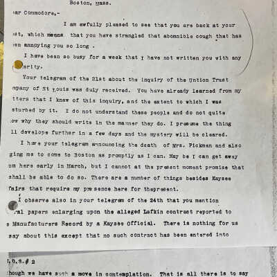Letter to Nathaniel Silsbee from John H Kirby February 25,1898