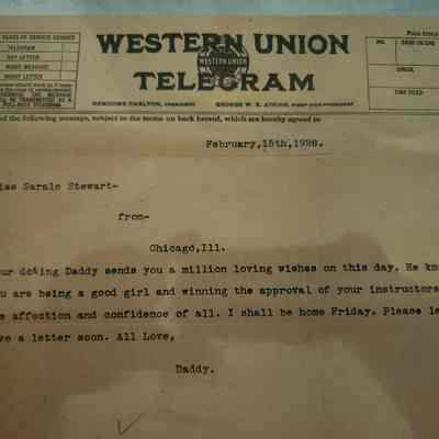 Western Union Telegram to Sarale Stewart from her Father dated February 15, 1928