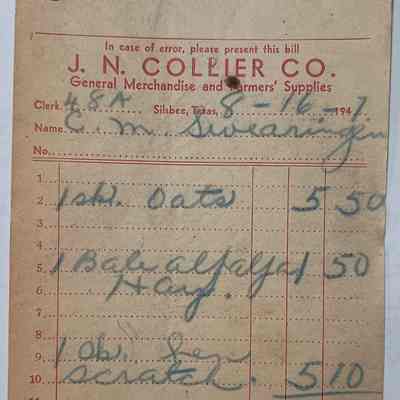 Receipt from J. N. Collier Co. - General Merchandise and Farmers' Supplies dated August 16, 1947 for oats, bale alfalfa/hay and hen scratch