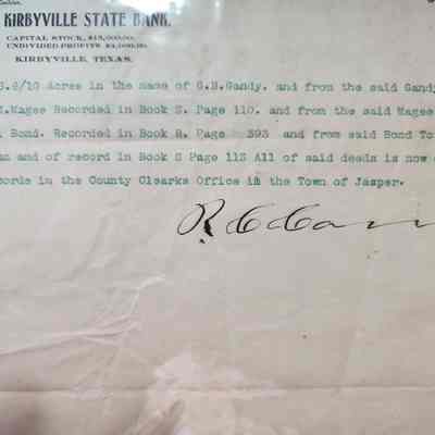 Kirbyville State Bank Note listing Deeds now recorded in the Clerks Office of Town of Jasper
