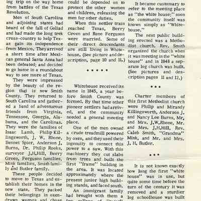 Article - Settlers from 1840 who returned home from Texas Revolution through Whitehouse, Texas then returned to settle in Texas