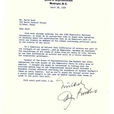 Letter to David Read from Jack Brooks April 28, 1959