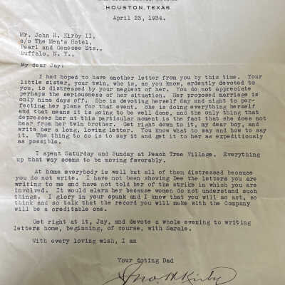 Letter to John Henry Kirby II (Jay) from John Henry Kirby dated April 23, 1934