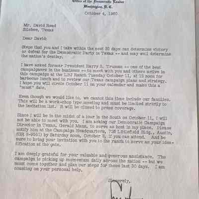 Letter to David Read from Lyndon B Johnson dated October 4, 1960