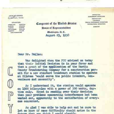 Note to David Read from Jack Brooks with copy of letter to H C Bailes August 23, 1958