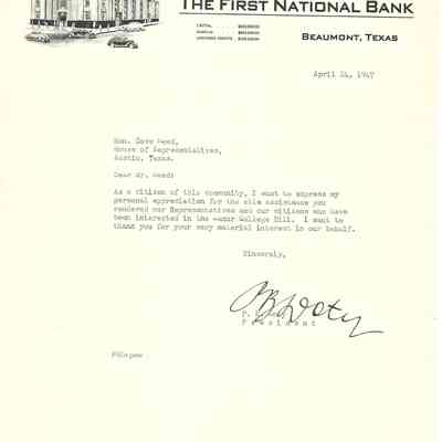 Letter to David Read from P B Doty First National Bank April 24, 1947