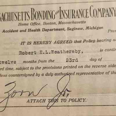 Renewal Agreement for Policy 890049 from Mass Bonding & Insurance Co to R L Weathersby dated November 23, 1914
