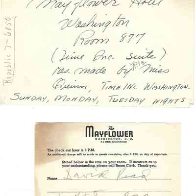 Mayflower Hotel Washington, DC receipt and reservation for David Read by Time Inc