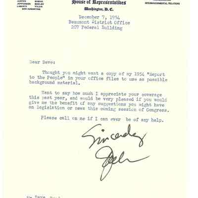 Letter to David Read from Jack Brooks December 7, 1954