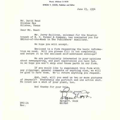 Letter to David Read from Byron V Cook June 23, 1954