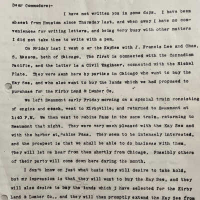 Letter to Nathaniel Silsbee from John H Kirby concerning buying lands for Kirby Lumber Co