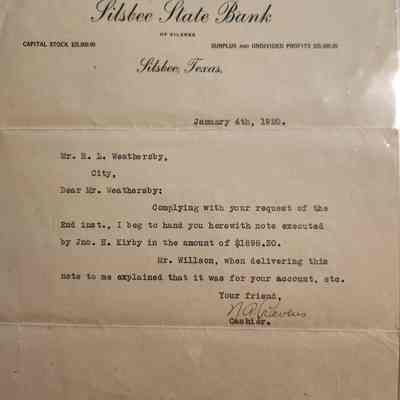 Letter to R L Weathersby from Silsbee State Bank Cashier dated January 4, 1920 concerning Note executed by John Henry Kirby for $1898.30
