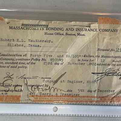 Receipt from Massachusetts Bonding and Insurance Co to R L Weathersby for Premium paid November 23,1922