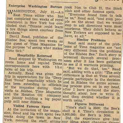 News Article concerning David Read visit to Time Magazine