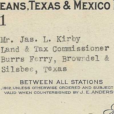 Train Pass for James L Kirby on the New Orleans, Texas & Mexico RR Lines
