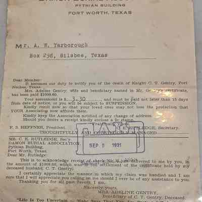 Letter to AW Yarborough from Damian Burial Association stampes paid September 5, 1931 regarding the death of Knight C.T. Gentry