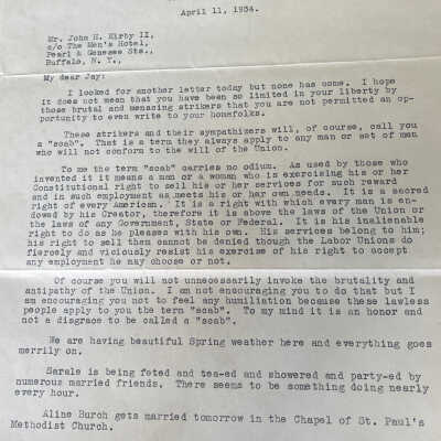 Letter to John H Kirby II from John Henry Kirby dated April 11, 1934