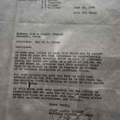 Letter from Kirby Lumber Co to Sampson Iron & Supply dated June 12,1936