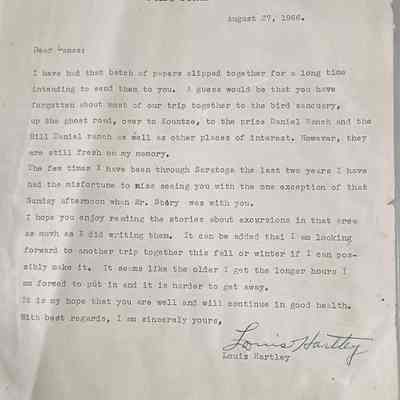 Letter to "Lance" dated August 27, 1966 from Louis Hartley regarding Saratoga