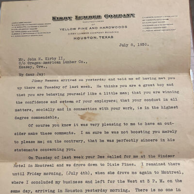 Letter to John H Kirby II (Jay) from John Henry Kirby dated July 8, 1930