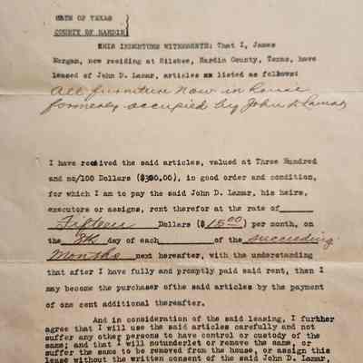 Lease of Furniture from John D Lamar House by James T Morgan dated November 28, 1916