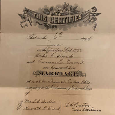 Marriage Certificate of Robert F Harp and Carinne Ecord