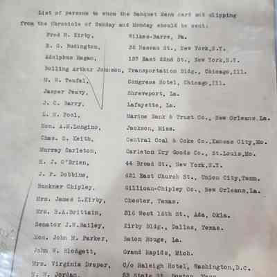 List of persons to whom the Banquet Menu card and clipping from the Cronicle of Sunday and Monday should be sent - Kirby Wedding