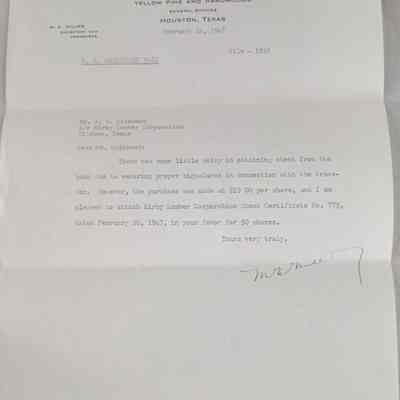 Letter to AW Dainwood from Mr Miller, Kirby Lumber Company , dated February 24, 1947 regarding stock purchase