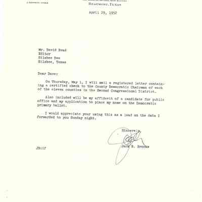 Letter to David Read from Jack Brooks April 29, 1952