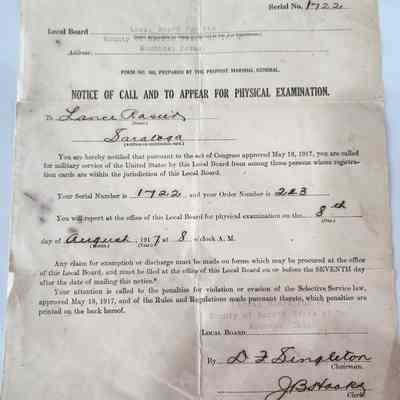 Draft Notice of Call for Lance Rosier August 8, 1917