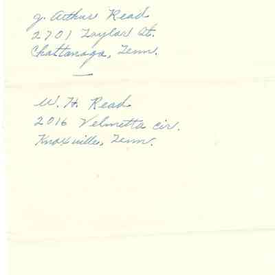 Names and Addresses of Read Family in Tennessee - David Read Materials