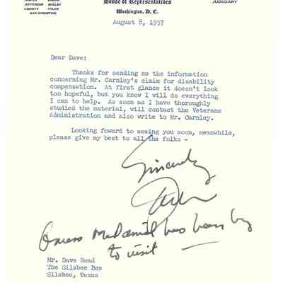 Letter to David Read from Jack Brooks August 8, 1957
