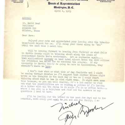 Letter to David Read from Jack Brooks April 4, 1963