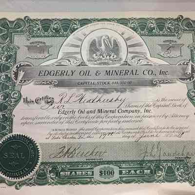 Stock certificate from Edgerly Oil & Mineral for $15,000 of shares dated June 17, 1918
