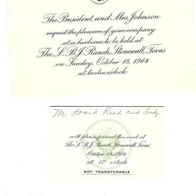 Invitation to David Read from Lyndon B Johnson to Barbacue held at the LBJ Ranch October 18, 1964