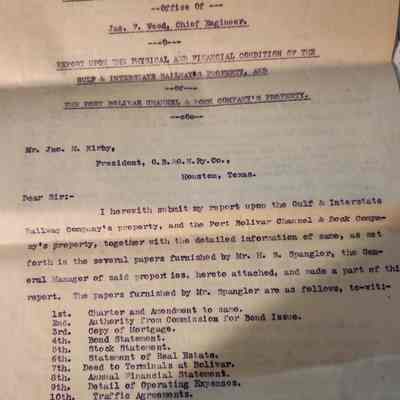 Financial and Physical Report of the G & I Railway and Port Bolivar Dock dated August 26, 1899