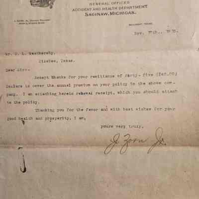Letter to R L Weathersby from J Zorn dated November 17, 1915 - receipt for annual premium with renewal agreement of November 23, 1915