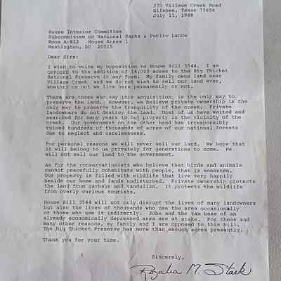 Copy of letter written by Rozalia M. Stark dated July 11, 1988 to House Interior Committee Subcommittee on National Parks & Public Lands in regards to her objection of House Bill 3544 for the government purchasing land along Village Creek