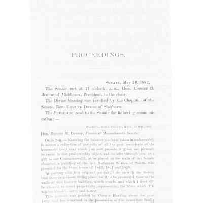 Senate Report of Proceedings on the Recption of the Portrait of Nathaniel Silsbee, State of Massachusetts dated May 26, 1882
