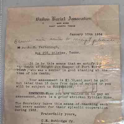 Letter to AW Yarborough dated January 10, 1934 from Damian Burial Association regarding the death of Knight Joe Kasper