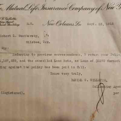 Letter from Mutual Life Insurance Co of NY to Robert L Weathersby dated September 22, 1912 - loan against this policy for $2270 paid in full