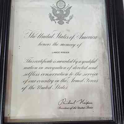 Certificate of Honor for the memory of Lance Rosier - USA