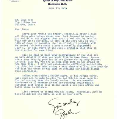 Letter to David Read from Jack Brooks June 23, 1954