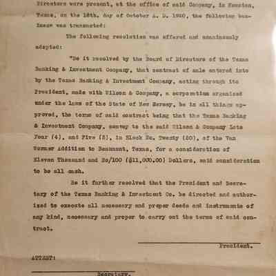 Minutes of Meeting of Board of Directors of the Texas Banking & Investment Co dated October 18, 1920