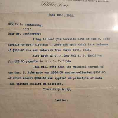 Letter to R L Weathersby from Silsbee State Bank Cashier dated June 10, 1916 concerning Notes owed to Robb's