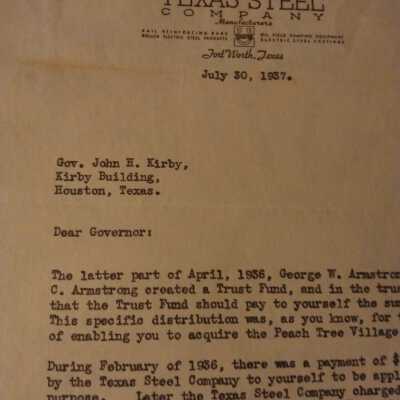Letter from George W Armstrong to John Henry Kirby dated July 30, 1937 concerning Trust Fund for Peach Tree Village property